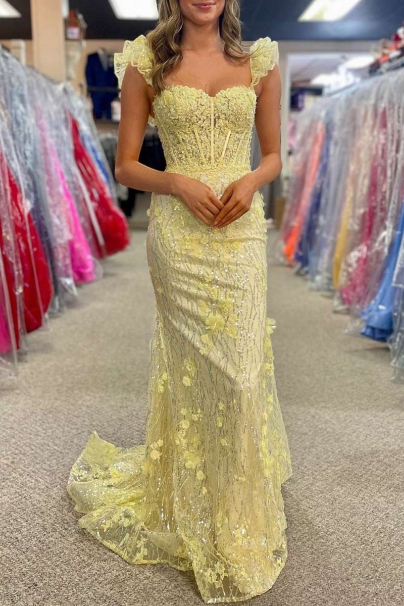 yellow lace evening dress Elegant Lace Floor-Length Prom Dress with Open Back main image 0