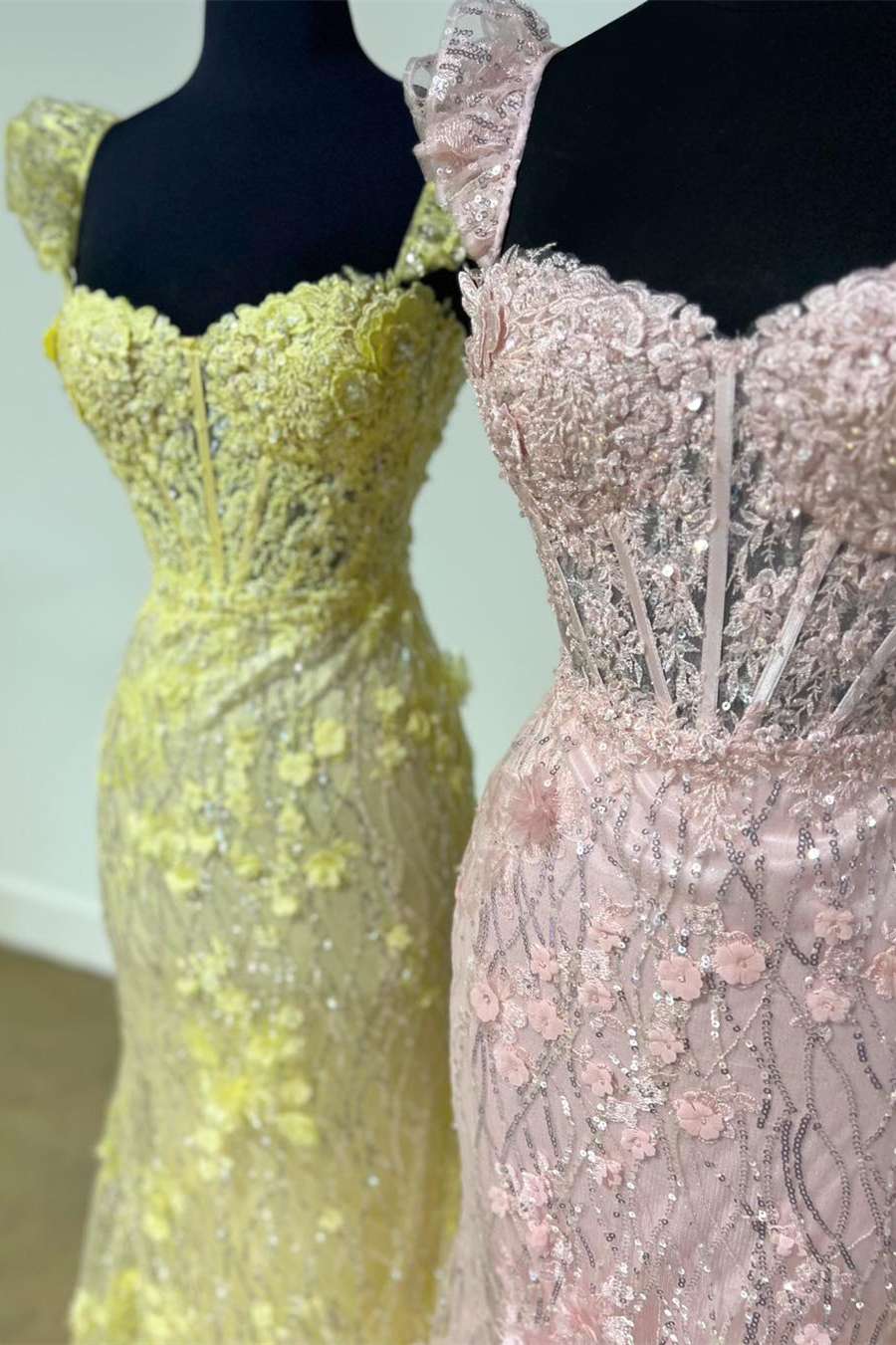 Mckinley | Yellow Ruffle Straps 3D Flower Mermaid Long Prom Dress