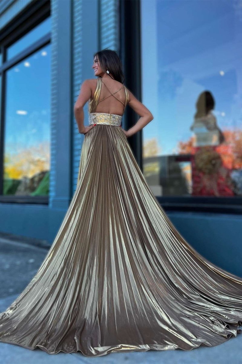 Pleated Criss Cross Straps Metallic Long Prom Dress Pleated Criss Cross Straps Metallic Long Prom Dress