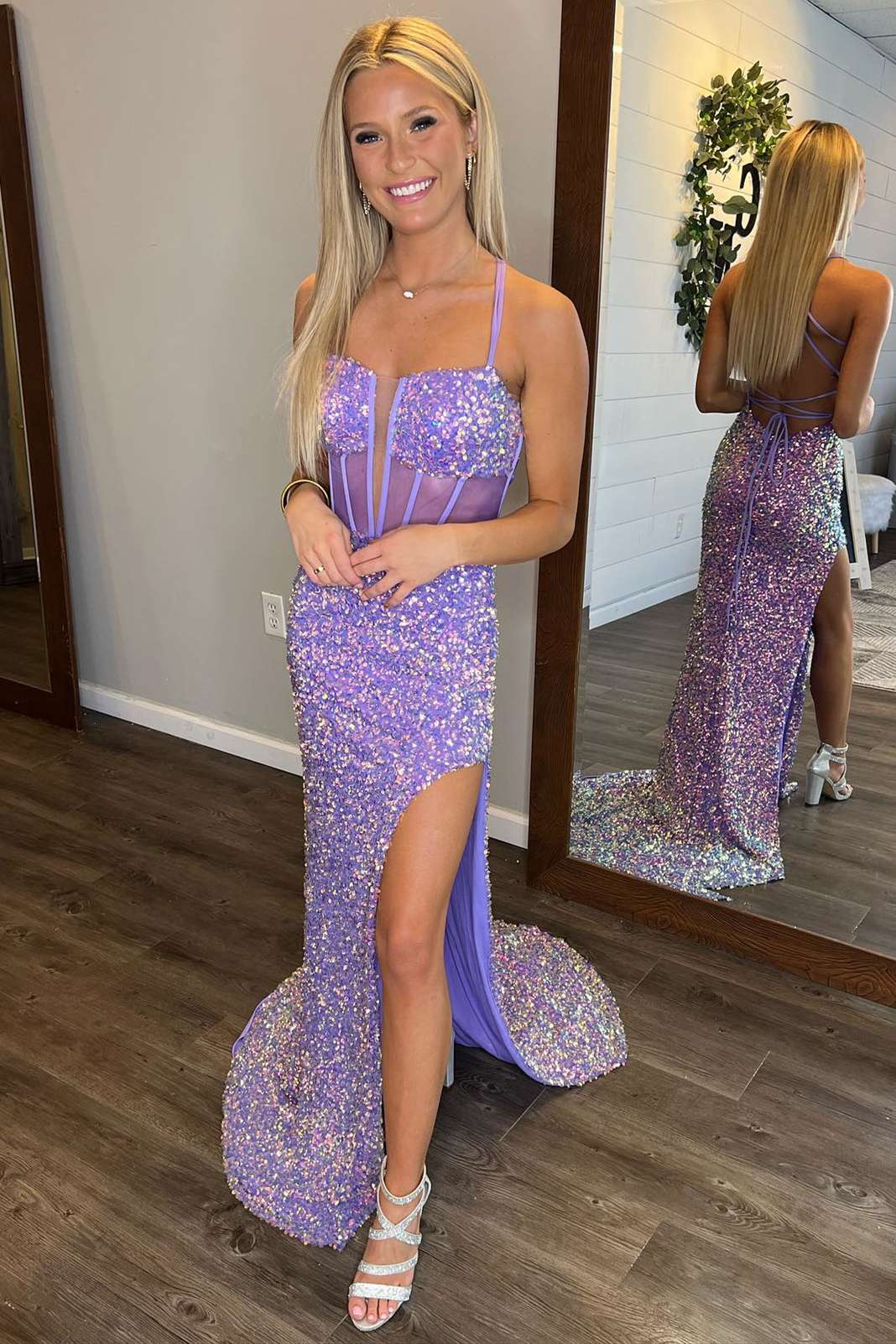 Estelle | Plunging Neck Straps Lavender Sequin Prom Dress