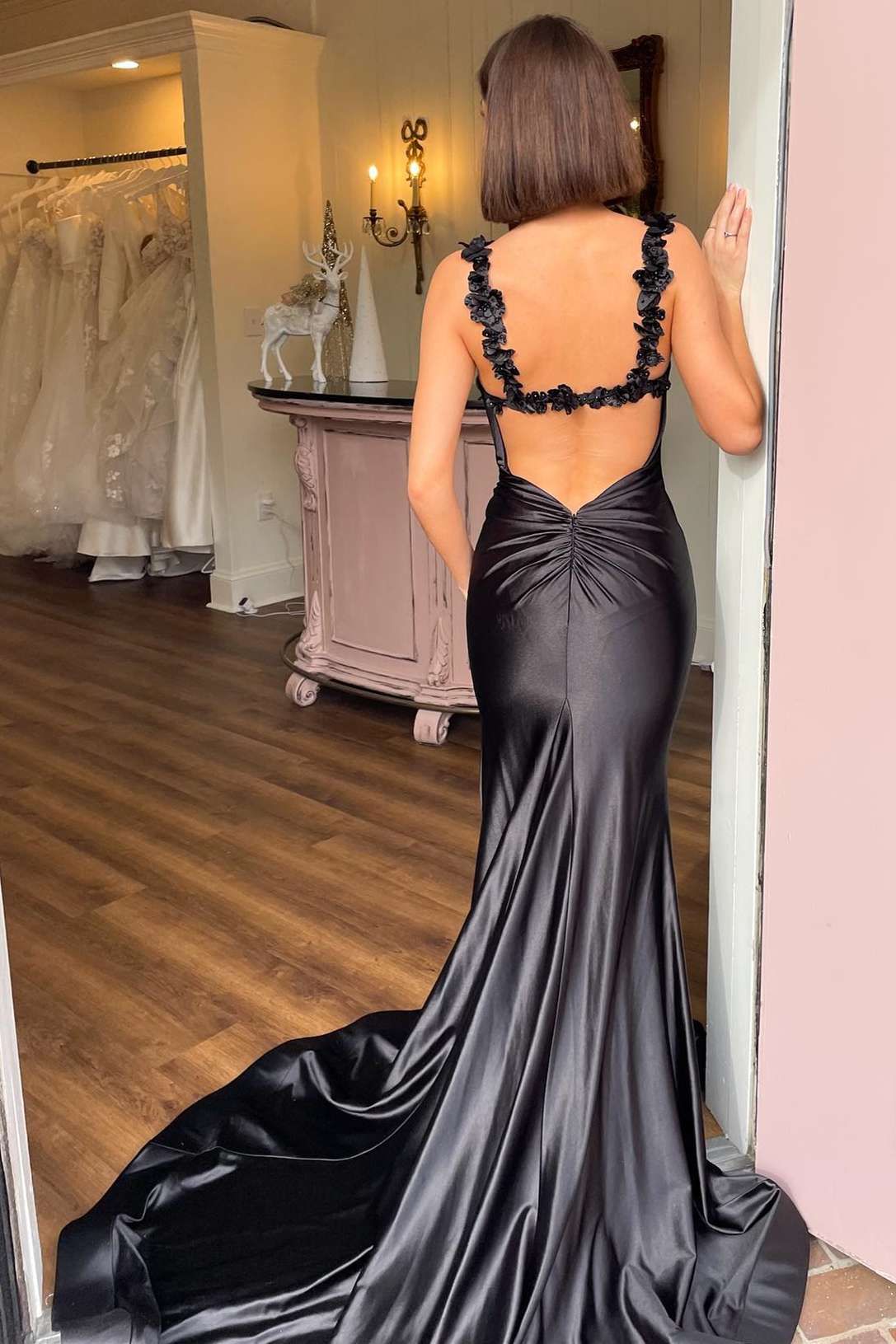 Black Straps Floral Mermaid Long Prom Dress, Black / 8 Black Straps Floral Mermaid Long Prom Dress, Black / 8