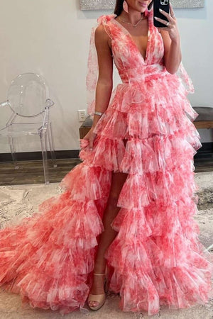 KissProm-Kylee V-Neck Tie Straps Red Floral Print Layered Long Prom Dress