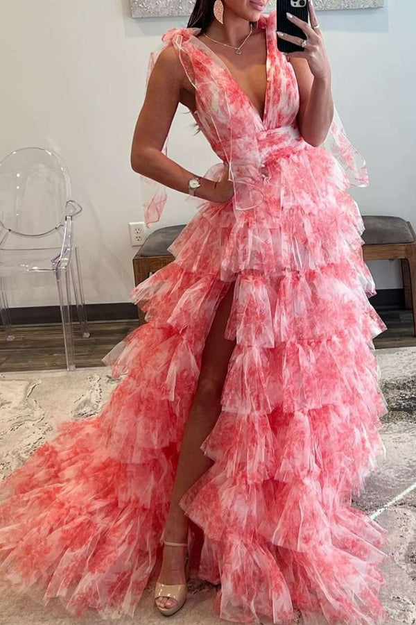 KissProm-Kylee V-Neck Tie Straps Red Floral Print Layered Long Prom Dress