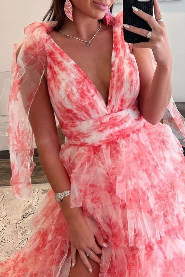 KissProm-Kylee V-Neck Tie Straps Red Floral Print Layered Long Prom Dress