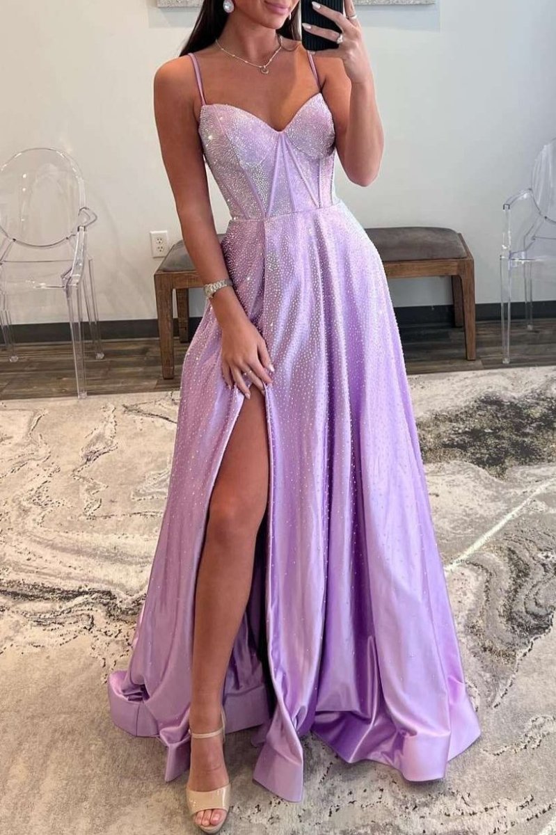 Spaghetti Straps Lilac Corset A-Line Prom Dress with Rhinestones Lilac / 00 Spaghetti Straps Lilac Corset A-Line Prom Dress with Rhinestones Lilac / 00