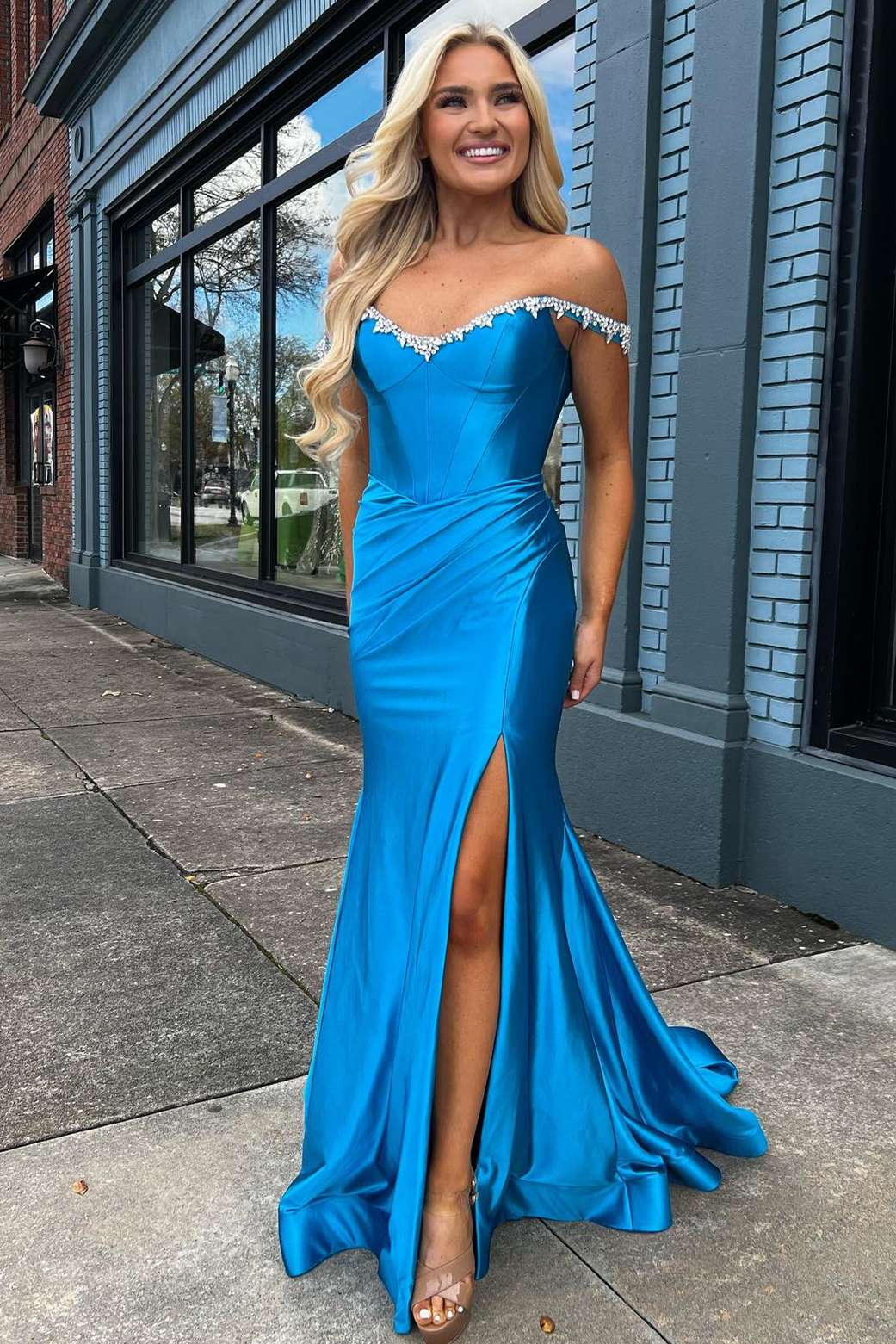 Bellamy | Off the Shoulder Beaded Blue Mermaid Prom Dress with Slit