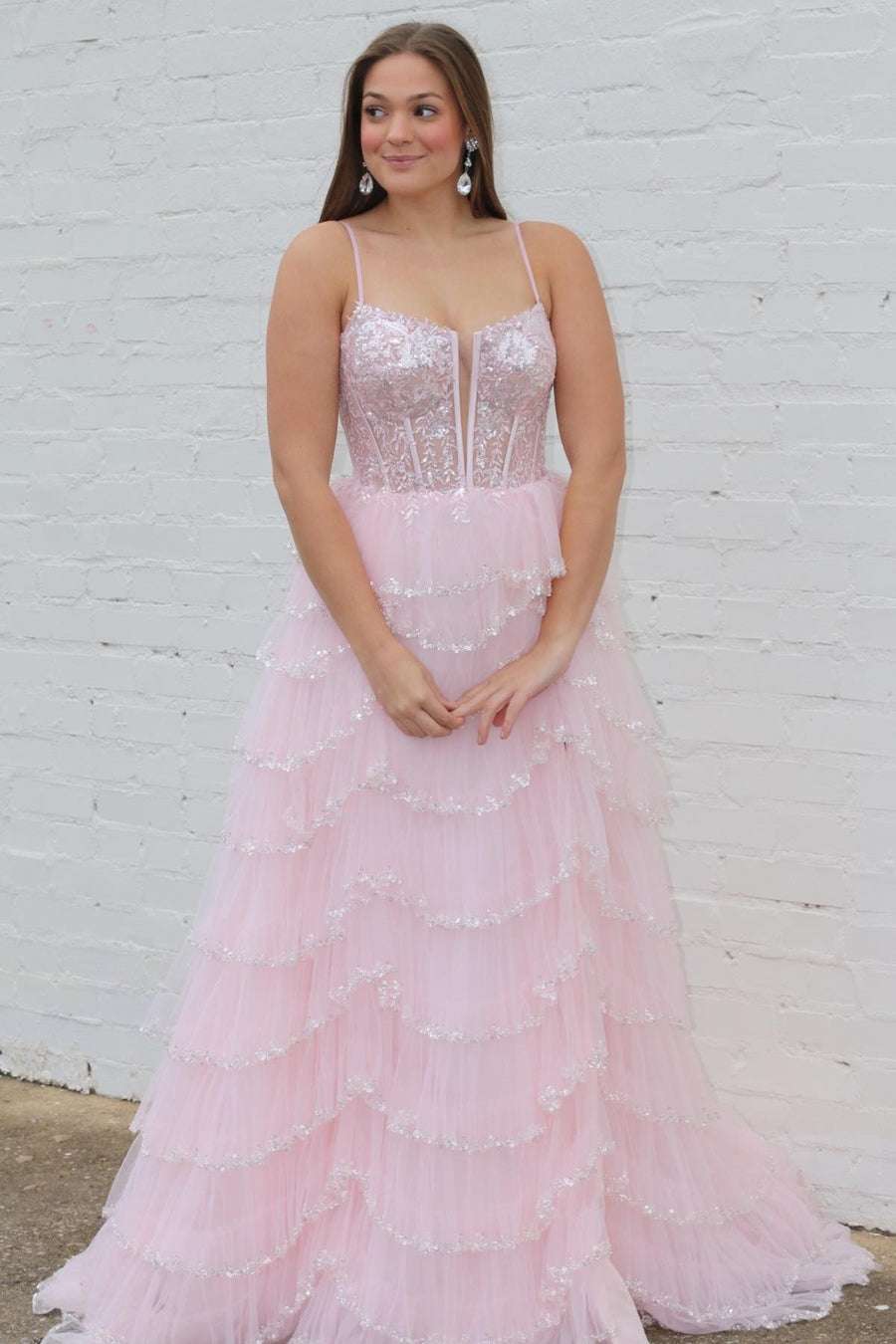 Angie | Straps Plunging Neck Pink Sequin Tiered Prom Gown