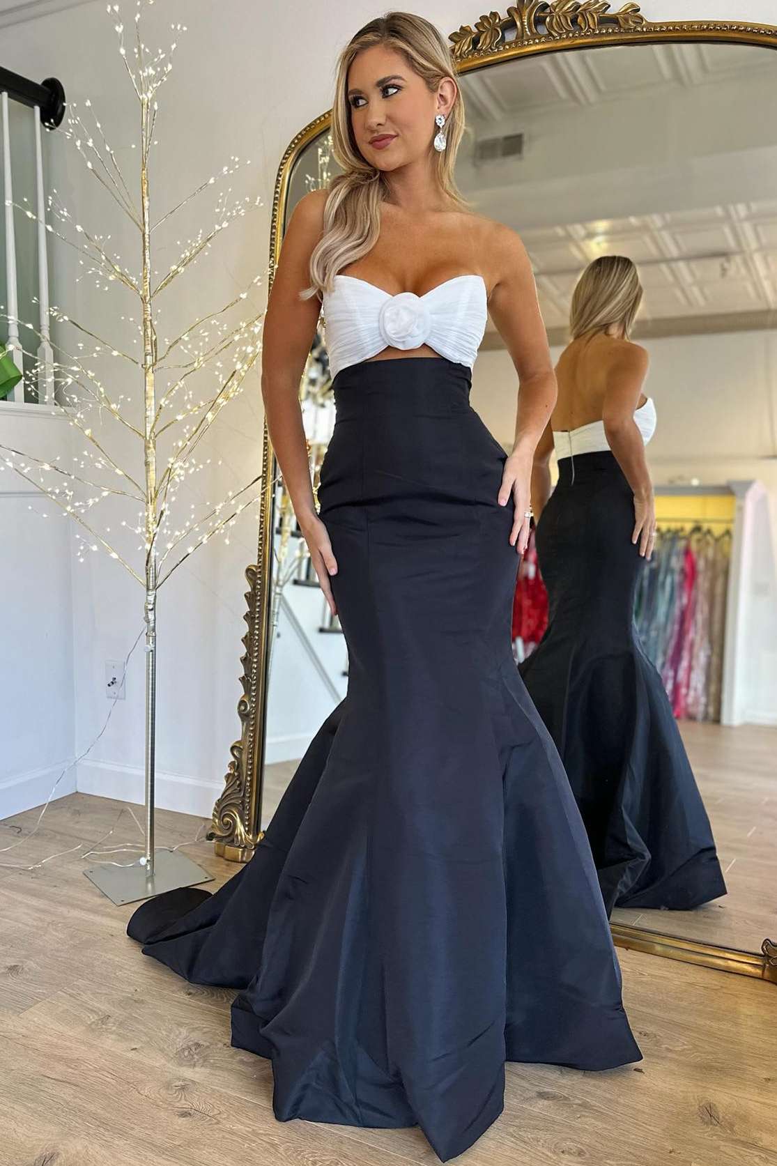 Julie | Strapless White and Black Ruched Mermaid Prom Dress
