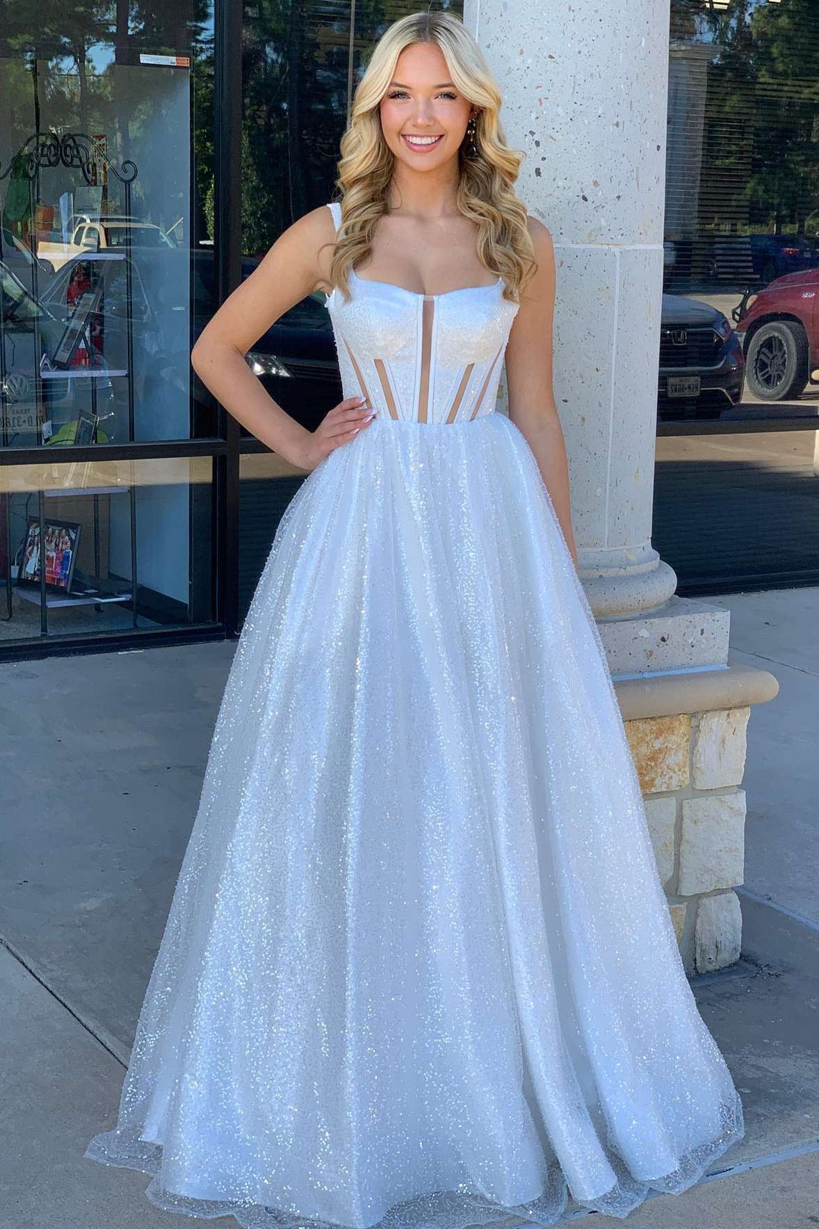 Priscilla | Square Neck White Sequin A-Line Prom Dress