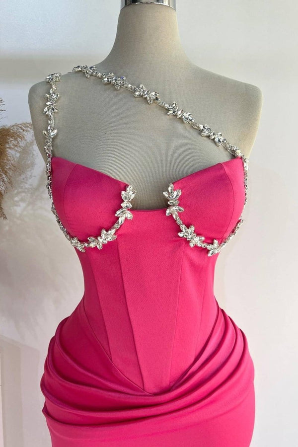 Hot Pink One Shoulder Rhinestones Pleated Long Prom Dresses -KissProm