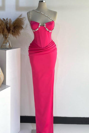 Hot Pink One Shoulder Rhinestones Pleated Long Prom Dresses -KissProm
