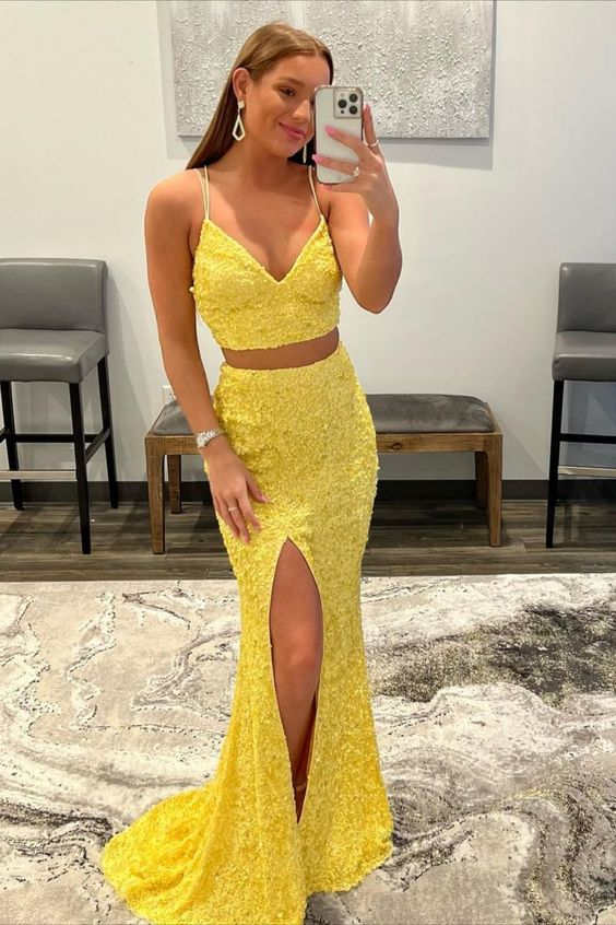 KissProm Two Piece Mermaid Sequins Prom Dress with Slit, Yellow / 18