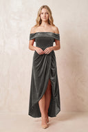 Frost Off-the-Shoulder Sheath Velvet Midi Bridesmaid Dress - KISSPROM