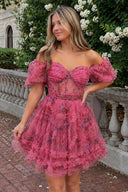 Fuchsia A Line Off the Shoulder Printed Homecoming Dress - KISSPROM