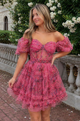 Fuchsia A Line Off the Shoulder Printed Homecoming Dress - KISSPROM
