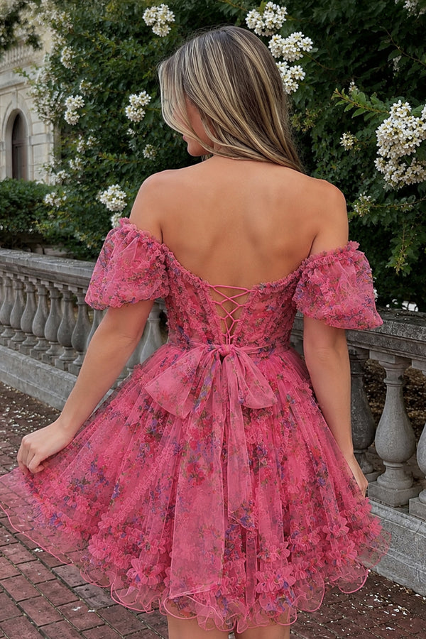 Fuchsia A Line Off the Shoulder Printed Homecoming Dress - KISSPROM