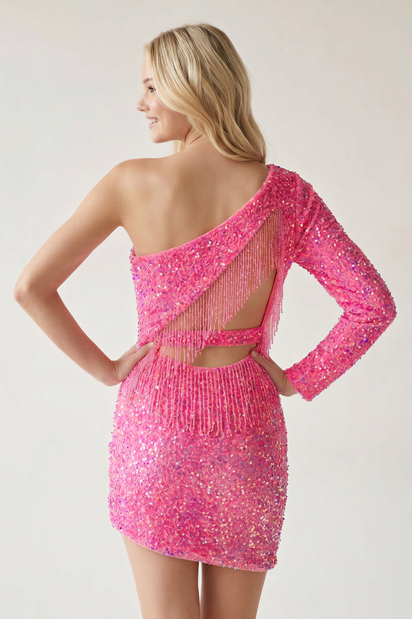 Fuchsia Bodycon One Shoulder Tassel Back Mini Party Dresses - KissProm