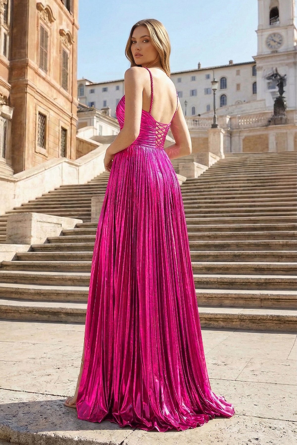 KissProm Metallic Keyhole Spaghetti Strap Long Prom Dress with Slit, Fuchsia / C