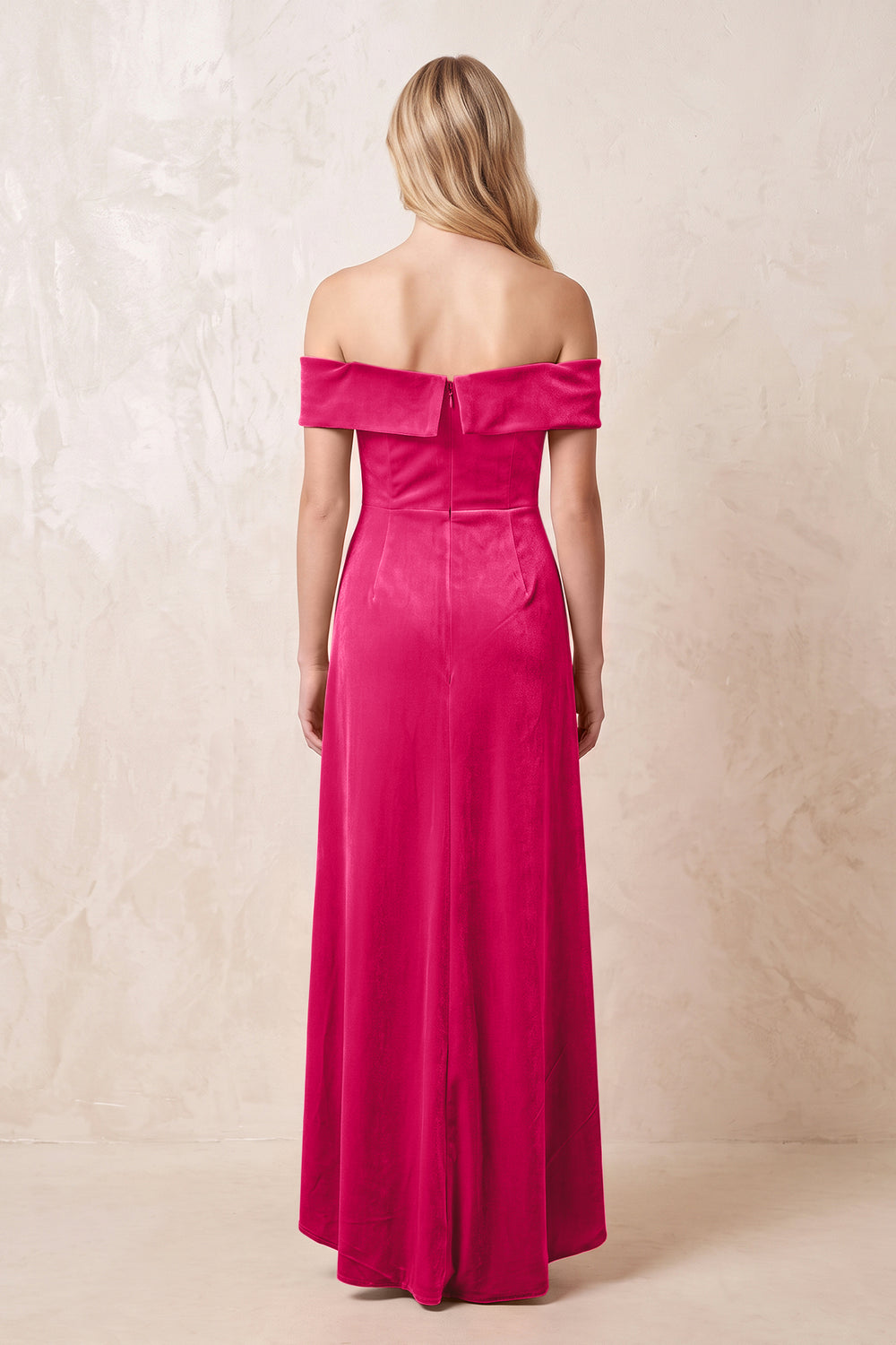 Fuchsia Off-the-Shoulder Sheath Velvet Midi Bridesmaid Dress - KISSPROM