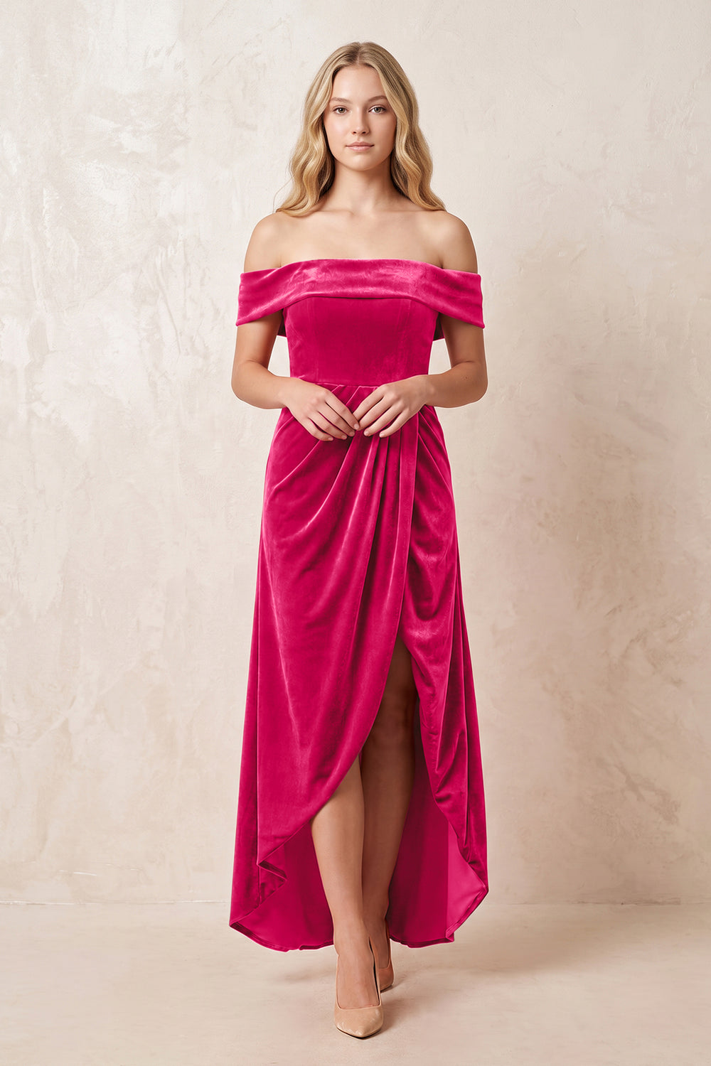 Fuchsia Off-the-Shoulder Sheath Velvet Midi Bridesmaid Dress - KISSPROM