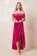 Fuchsia Off-the-Shoulder Sheath Velvet Midi Bridesmaid Dress - KISSPROM