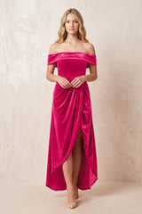 Fuchsia Off-the-Shoulder Sheath Velvet Midi Bridesmaid Dress - KISSPROM