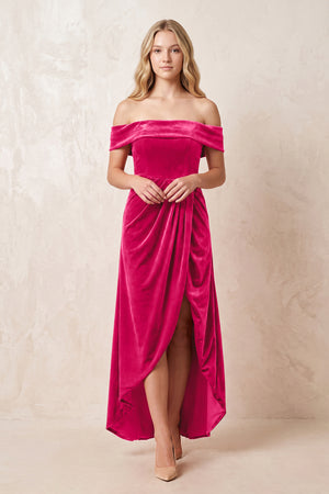 Fuchsia Off-the-Shoulder Sheath Velvet Midi Bridesmaid Dress - KISSPROM