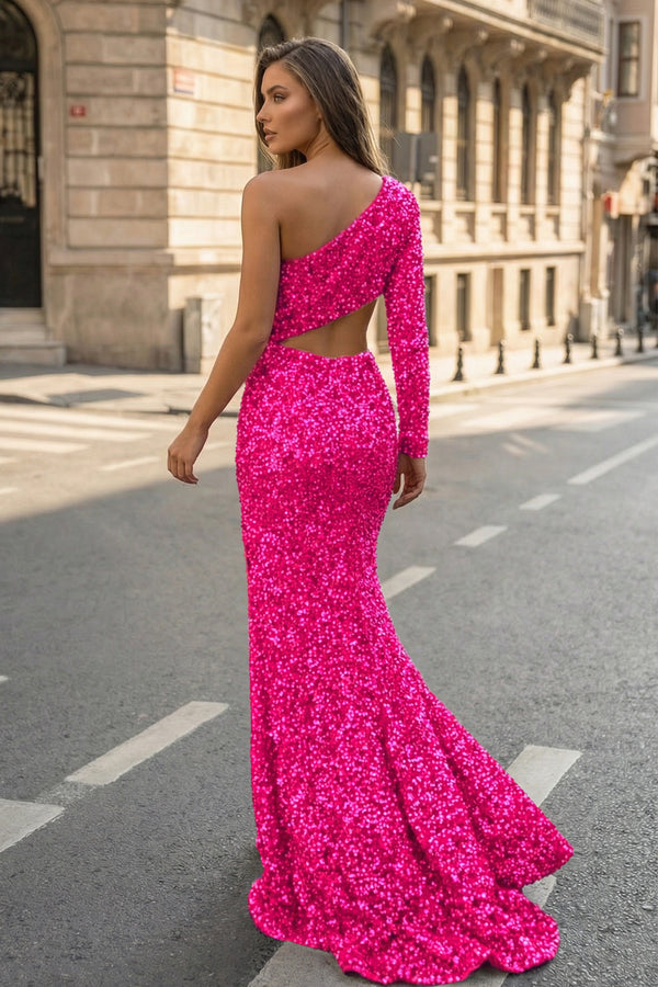 Sheath One Shoulder Red Sequins Long Prom Dress with Silt - KISSPROM PROM DRESSES