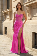 Mermaid Sweetheart Blue Beaded Ruched Long Prom Dress with Slit