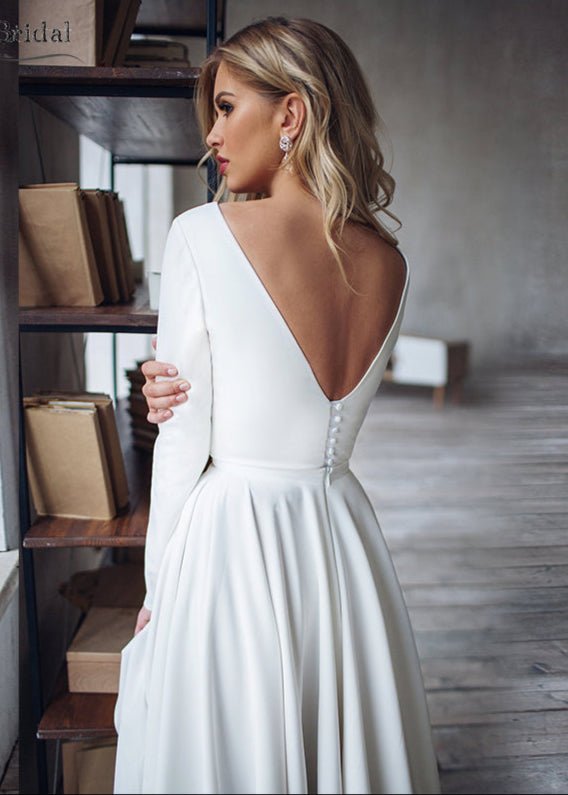 Long Sleeves Mermaid Satin Open Back Wedding Dresses