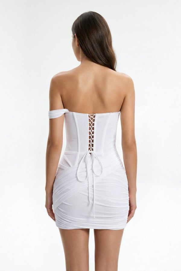 KissProm White One-Shoulder Sheath Corset Graduation Dress, White / 12