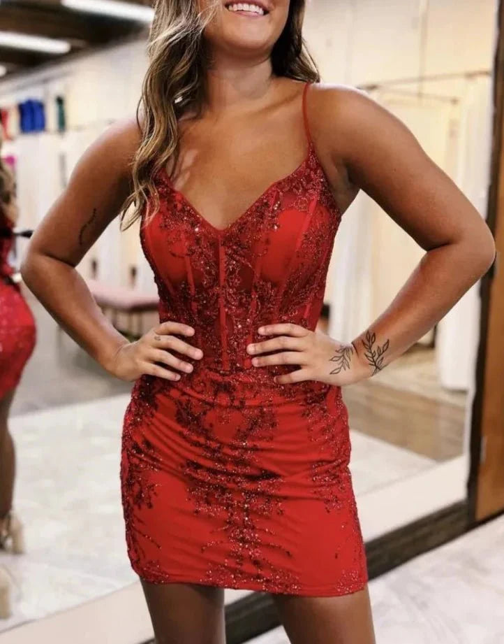 Short Satin V-neck Spaghetti Straps Homecoming Dresses c2582 main image 0