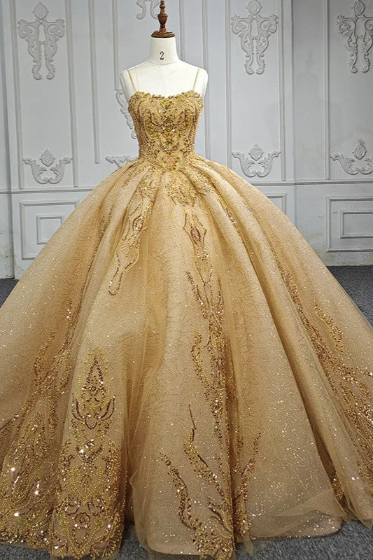 Gold Beading Formal Long Evening Dress Spaghetti Straps Ball Gown