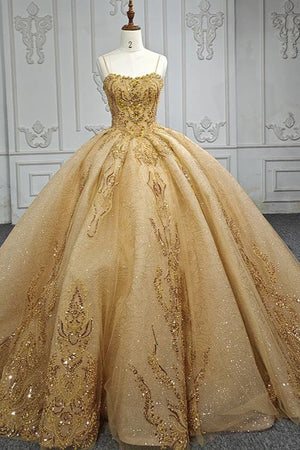 Quinceanera Dress Gold Beading Formal Long Evening Dress Spaghetti Straps Ball Gown - KissProm