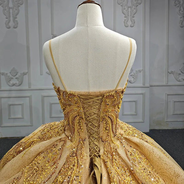 Quinceanera Dress Gold Beading Formal Long Evening Dress Spaghetti Straps Ball Gown - KissProm