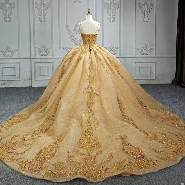 Quinceanera Dress Gold Beading Formal Long Evening Dress Spaghetti Straps Ball Gown - KissProm