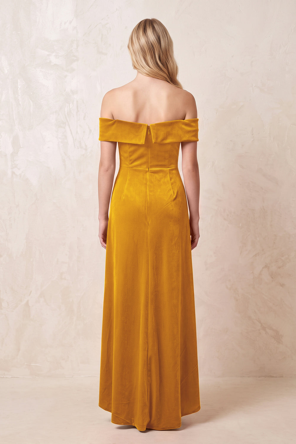 Gold Off-the-Shoulder Sheath Velvet Midi Bridesmaid Dress - KISSPROM