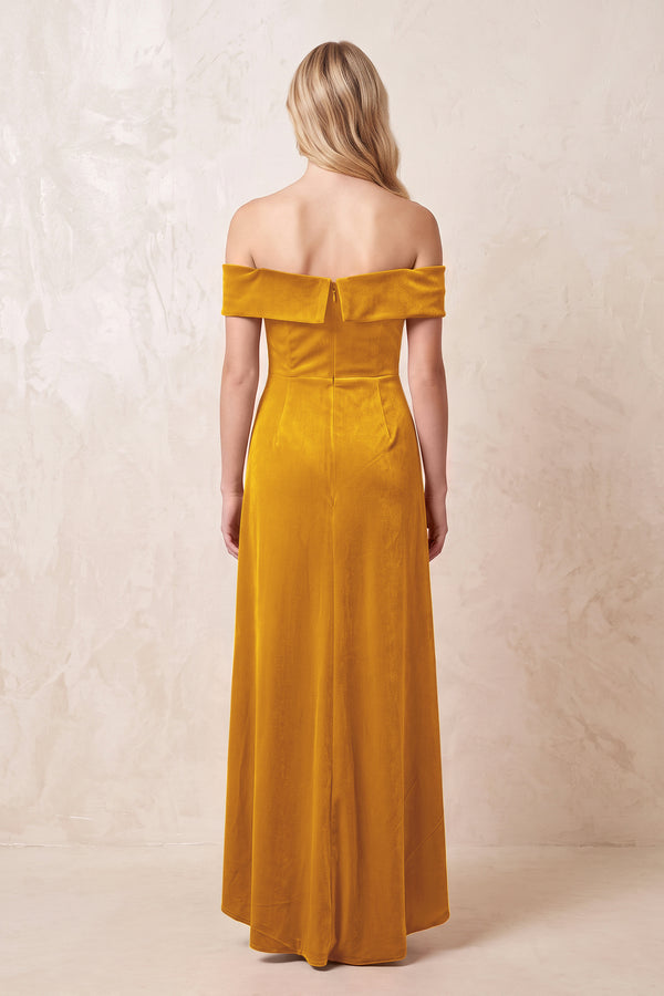 Gold Off-the-Shoulder Sheath Velvet Midi Bridesmaid Dress - KISSPROM