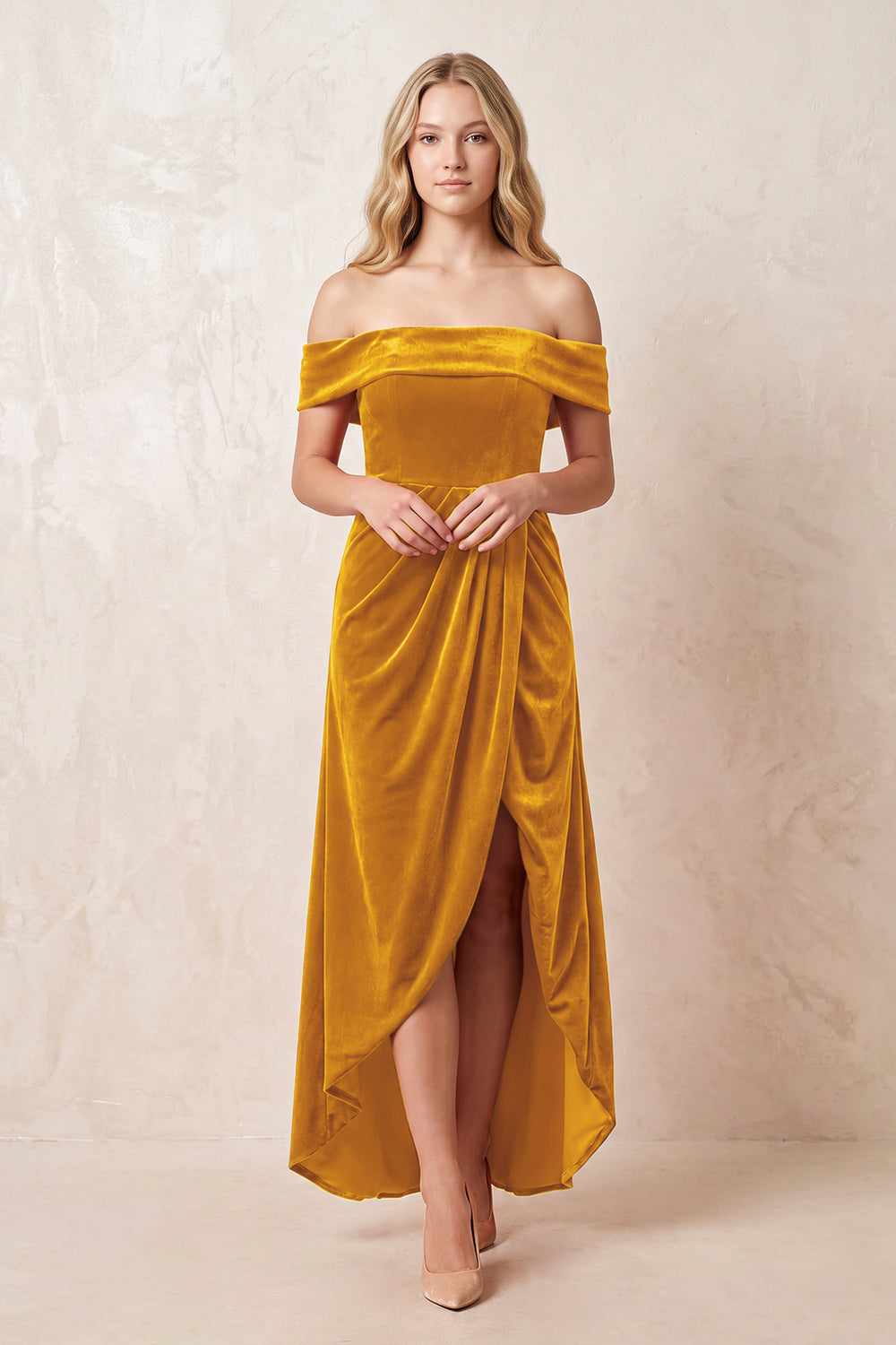 Gold Off-the-Shoulder Sheath Velvet Midi Bridesmaid Dress - KISSPROM