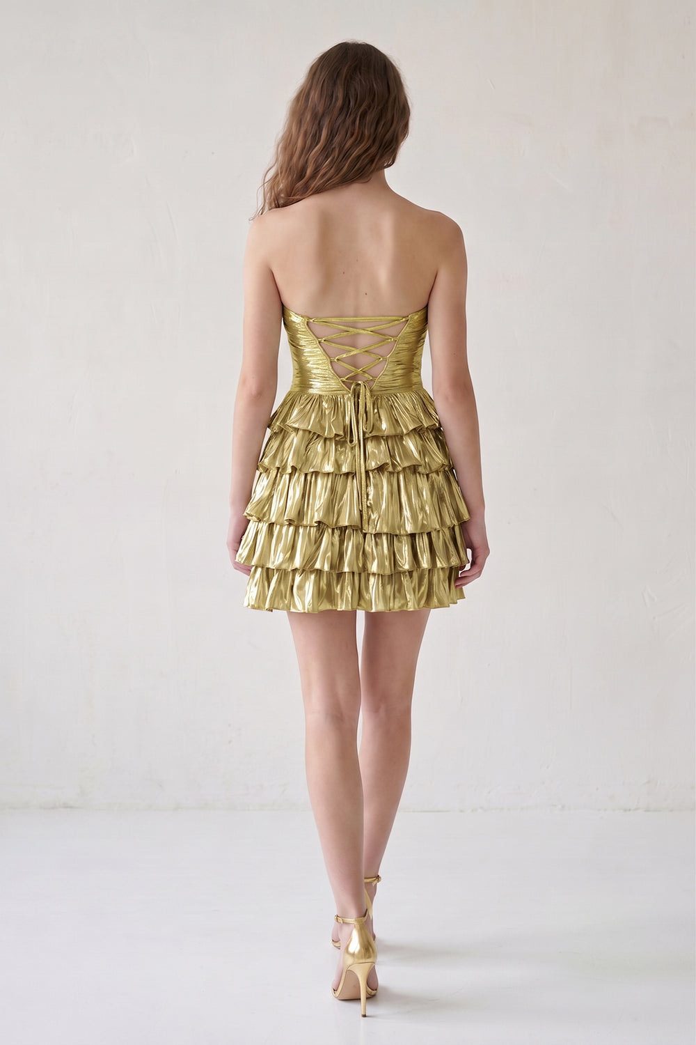 Golden Strapless A Line Metallic Tiered Homecoming Dress With Beading - KISSPROM