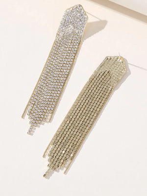 Golden Simple Rhinestones Tassel Long Earrings - KissProm
