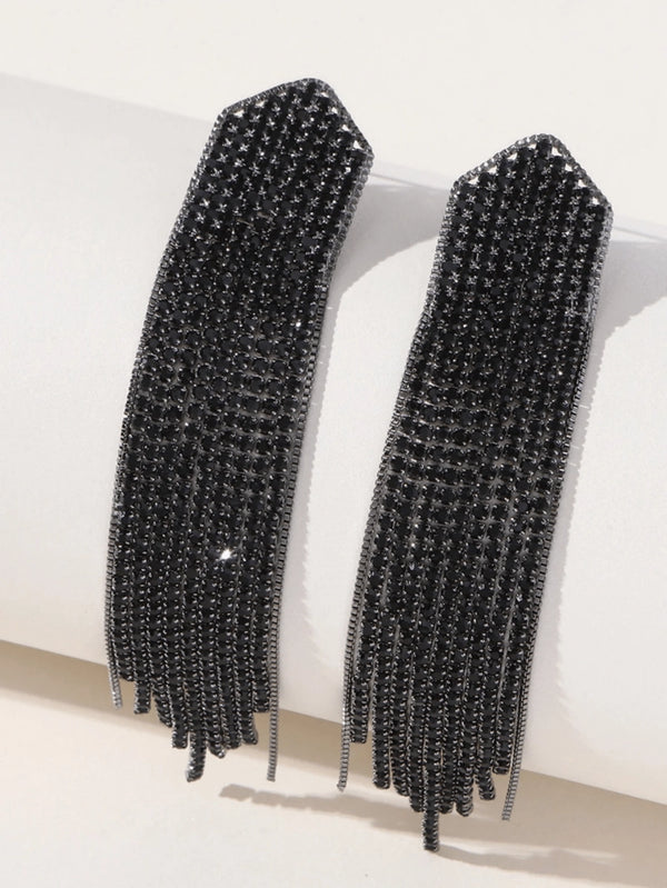 Golden Simple Rhinestones Tassel Long Earrings - KissProm