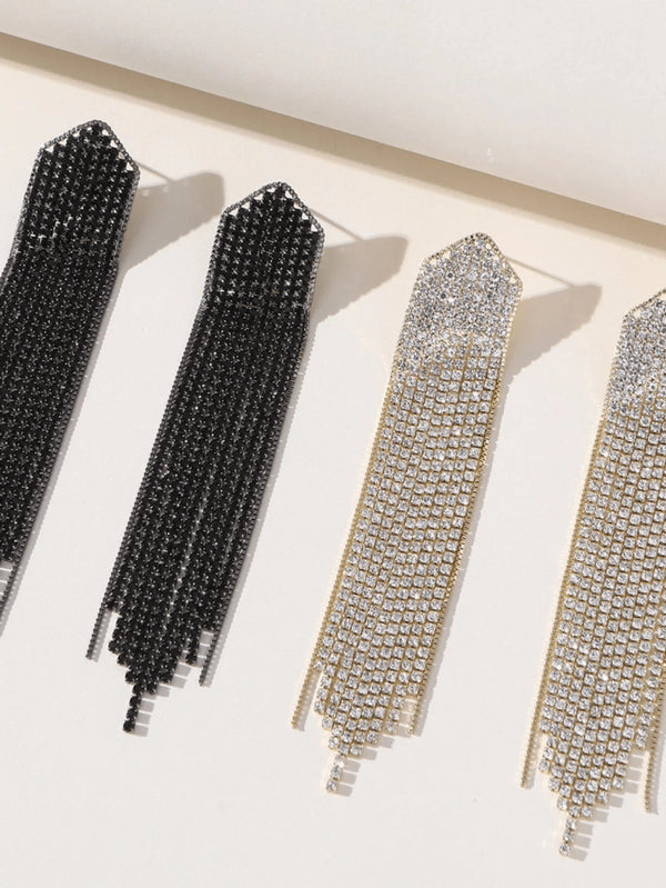 Golden Simple Rhinestones Tassel Long Earrings - KissProm