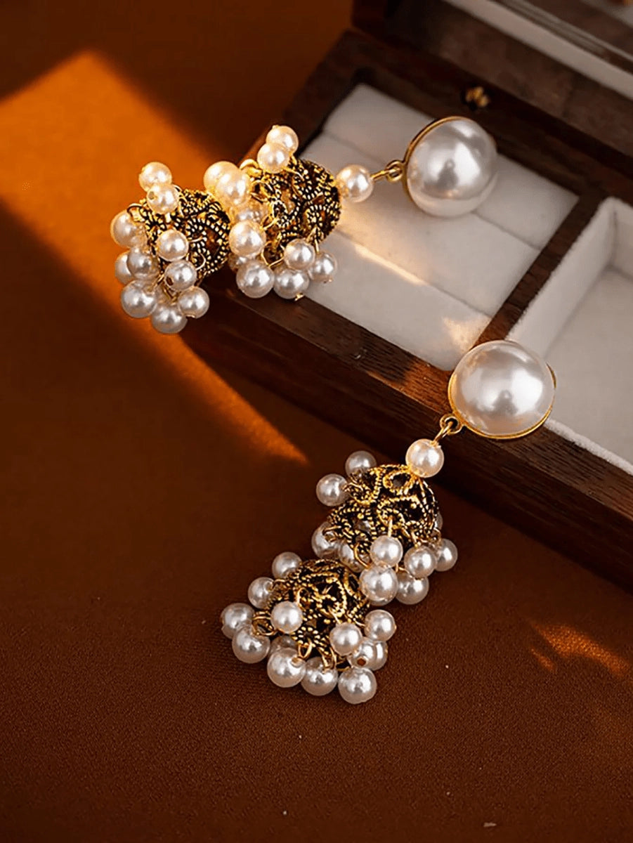 Golden Vintage Dangle Tassel Pearl Earrings - KissProm