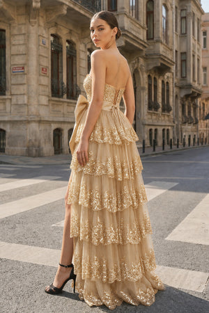 A-Line Sweetheart Sequin Ruffles Long Prom Dresses with Bow - KissProm