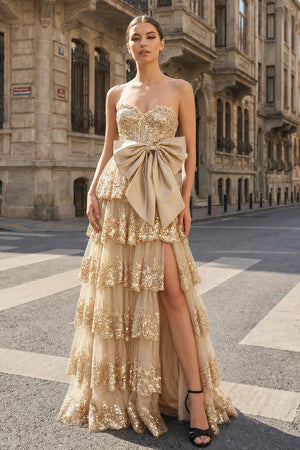A-Line Sweetheart Sequin Ruffles Long Prom Dresses with Bow - KissProm