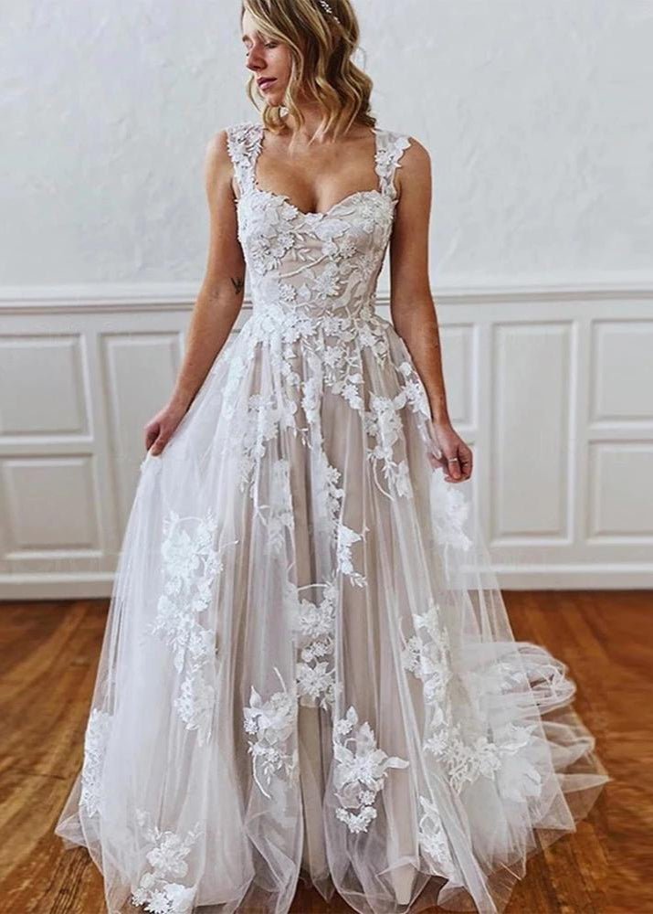 A-Line Straps Sweetheart Wedding Dress with Lace Appliques, White-Nude / 14