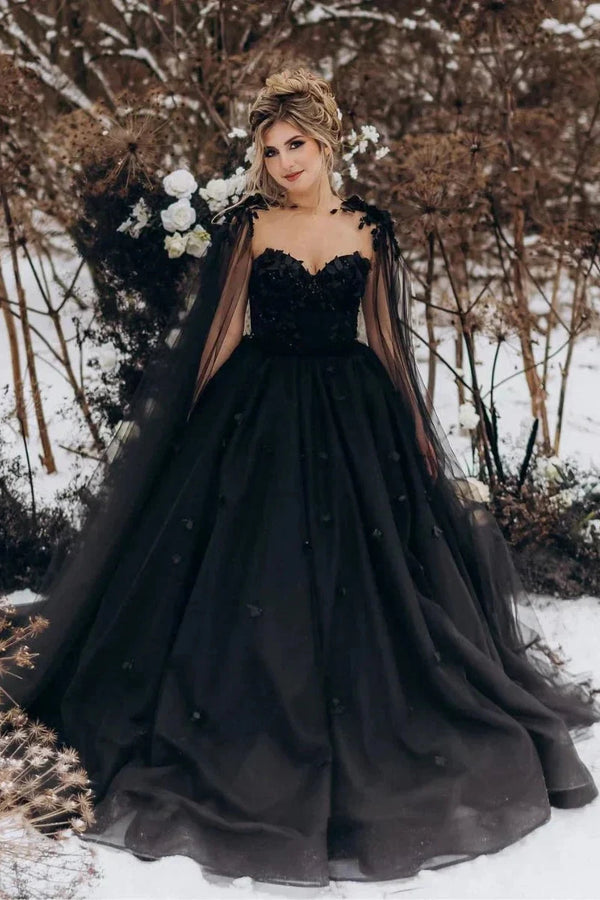 A-Line Black Gothic Wedding Dress 3D Flowers Tulle With Cape – Wedding Dress by KissProm | Available at KissProm