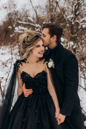 A-Line Black Gothic Wedding Dress 3D Flowers Tulle With Cape, Black / 14 A-Line Black Gothic Wedding Dress 3D Flowers Tulle With Cape, Black / 14