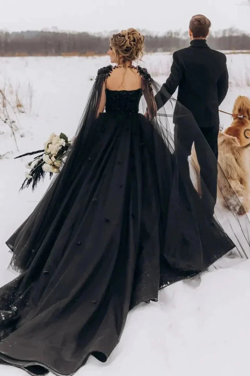 A-Line Black Gothic Wedding Dress 3D Flowers Tulle with Cape, Black / 14 A-Line Black Gothic Wedding Dress 3D Flowers Tulle with Cape, Black / 14